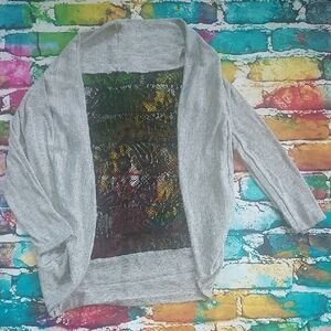 Gray Open-Front Sweater with Black Lace Back